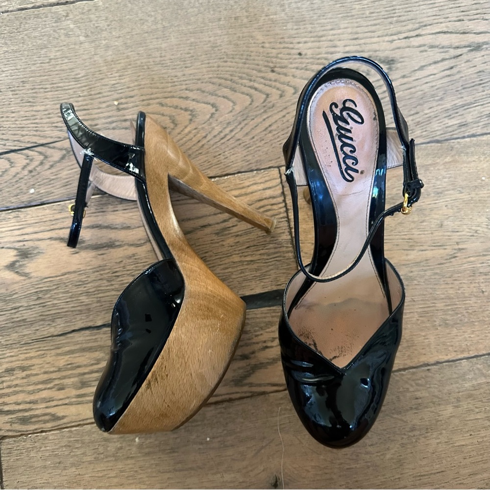 GUCCI black leather platform wood platform chunky heels ankle strap  womens 8.5